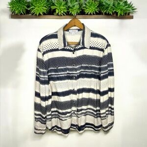 St. John Sport Marie Gray Mixed Print Striped Button Up Collard Blouse